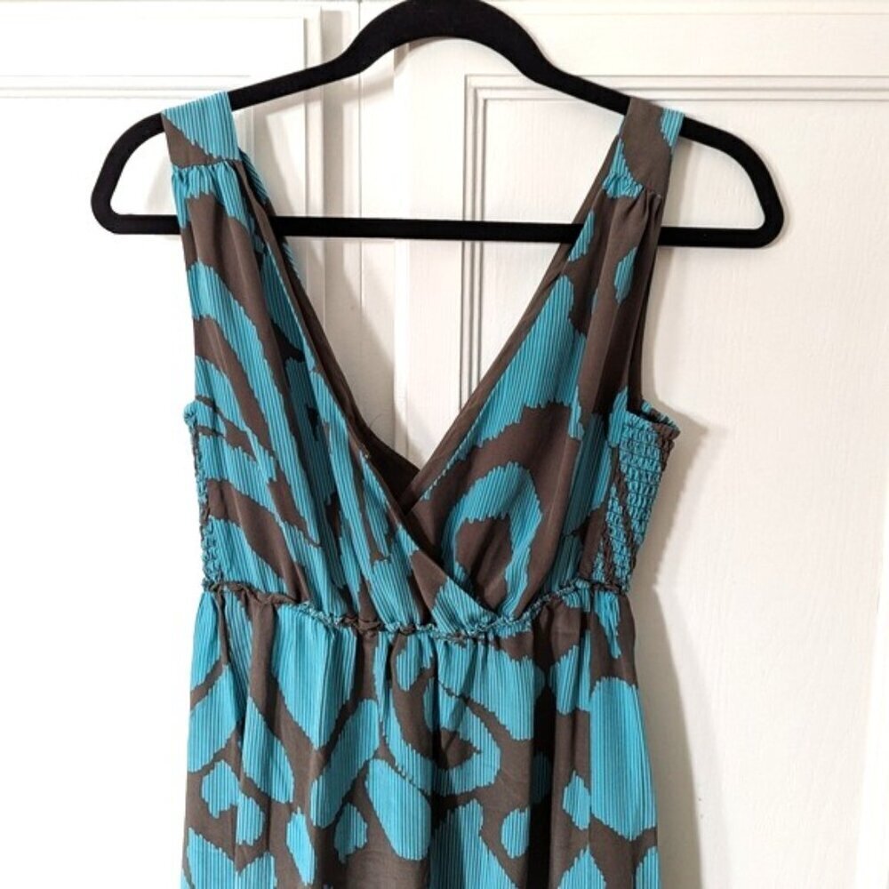 Banana Republic 100% Silk Printed Ruffled Hem Maxi Dress Turquoise Brown Size 0 - Picture 3 of 8